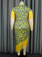 Printed V Neck Tassel Sleeve Asymmetrical Bodycon Dress