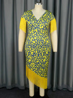 Printed V Neck Tassel Sleeve Asymmetrical Bodycon Dress