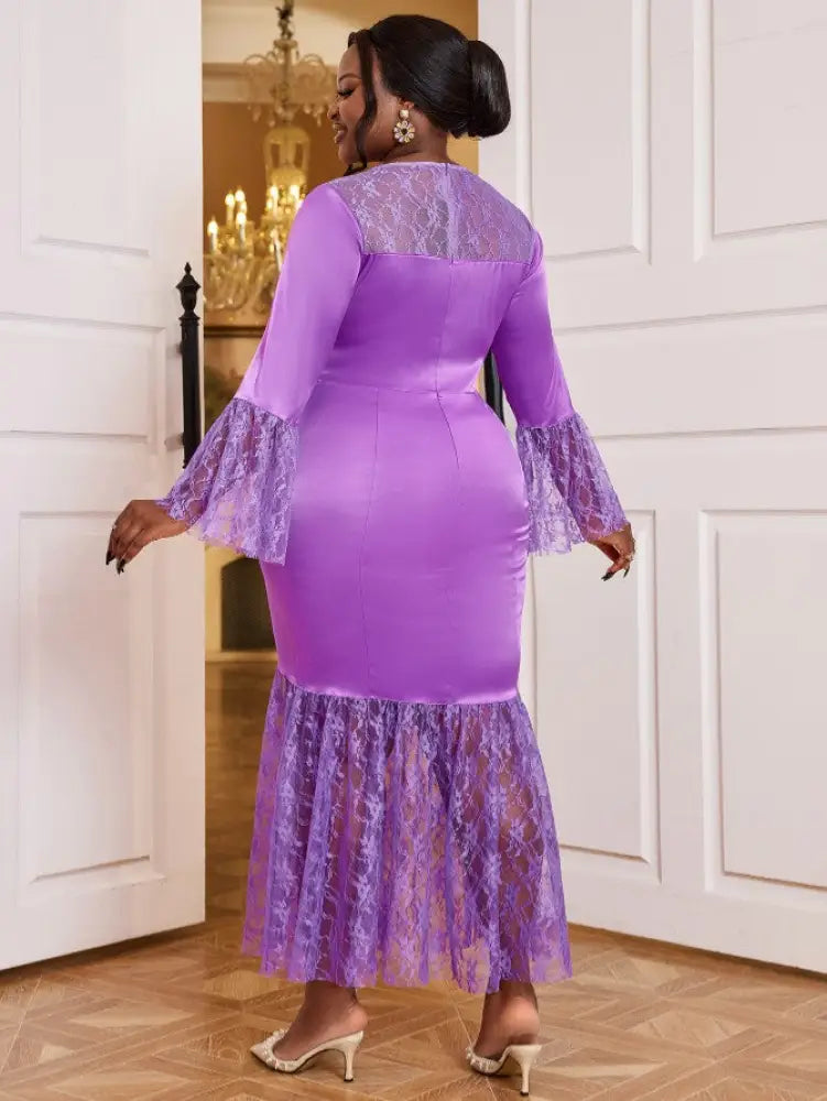 Pruple Mermaid Dress Lace Patchwork O Neck Flare Sleeves