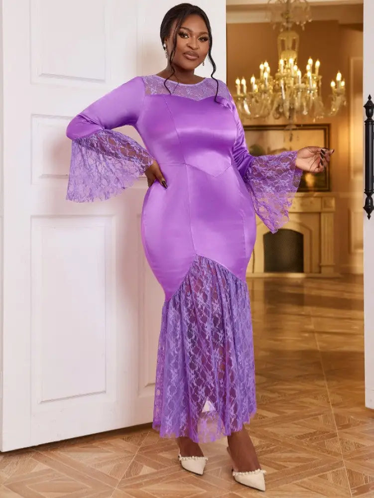 Pruple Mermaid Dress Lace Patchwork O Neck Flare Sleeves