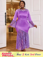Pruple Mermaid Dress Lace Patchwork O Neck Flare Sleeves