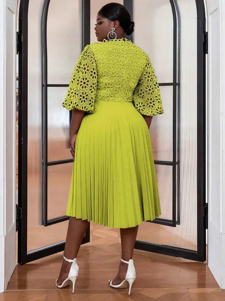 Puff Short Sleeve Pleated Party Dresses Lace Evening Dress