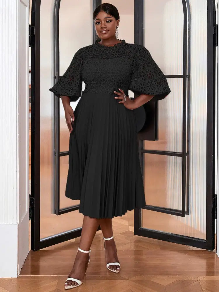 Puff Short Sleeve Pleated Party Dresses Lace Evening Dress