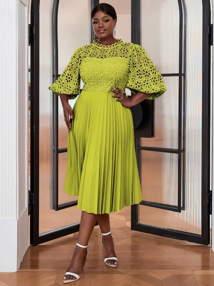 Puff Short Sleeve Pleated Party Dresses Lace Evening Dress