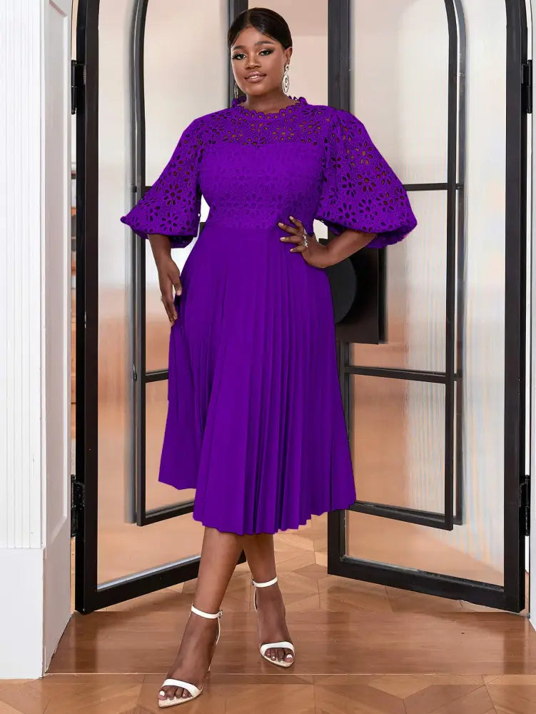 Puff Short Sleeve Pleated Party Dresses Lace Evening Dress