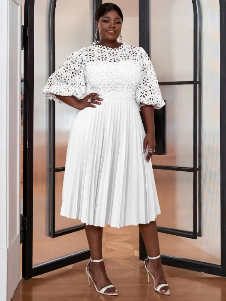 Puff Short Sleeve Pleated Party Dresses Lace Evening Dress