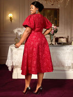 Puff Sleeve Jacquard Dress Classic A Line Fit for Curvy Chic Style