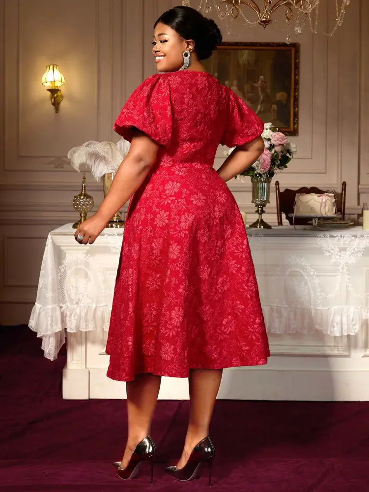 Puff Sleeve Jacquard Dress Classic A Line Fit for Curvy Chic Style