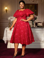 Puff Sleeve Jacquard Dress Classic A Line Fit for Curvy Chic Style