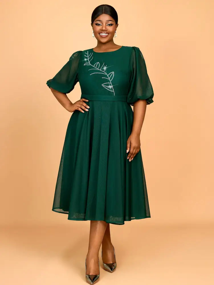 Puff Sleeve Plaid A Line Dress with Rhinestone Office Style