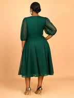 Puff Sleeve Plaid A Line Dress with Rhinestone Office Style