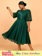 Puff Sleeve Plaid A Line Dress with Rhinestone Office Style