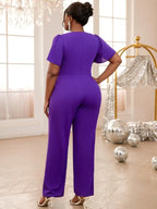 Purple Asymmetrical Neck Shiny Patchwork Big Bow Jumpsuits