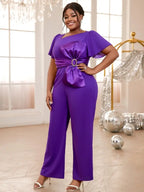 Purple Asymmetrical Neck Shiny Patchwork Big Bow Jumpsuits
