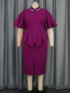 Purple Business Dinner Outfit Mandarin Collar Puff Sleeve