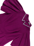 Purple Business Dinner Outfit Mandarin Collar Puff Sleeve