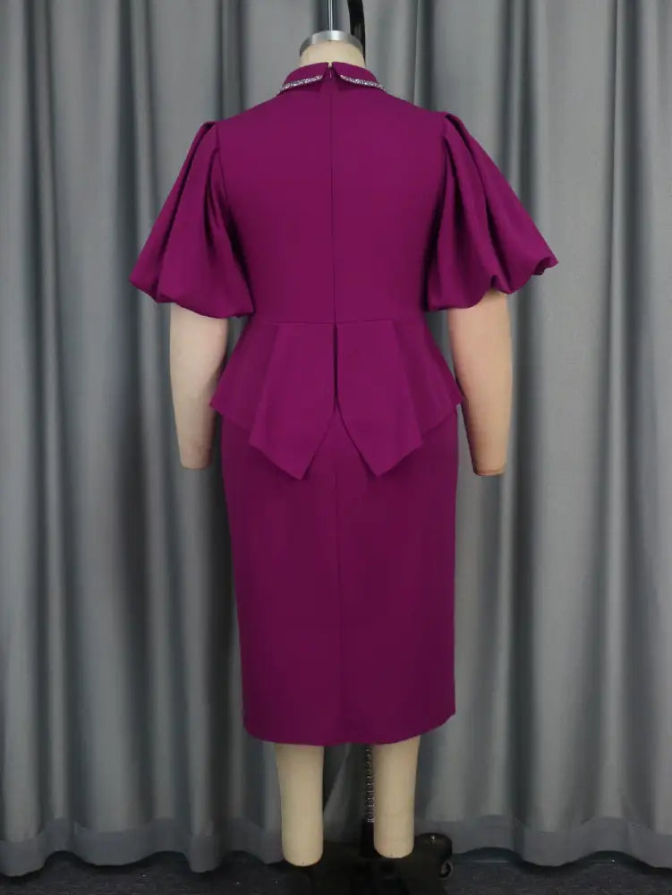 Purple Business Dinner Outfit Mandarin Collar Puff Sleeve