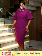 Purple Business Dinner Outfit Mandarin Collar Puff Sleeve
