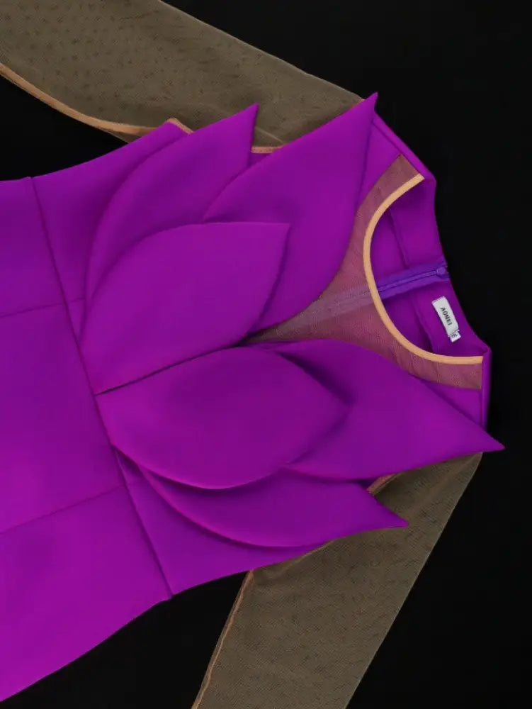 Purple Dress O Neck Tulle Long See Through Sleeve Petals