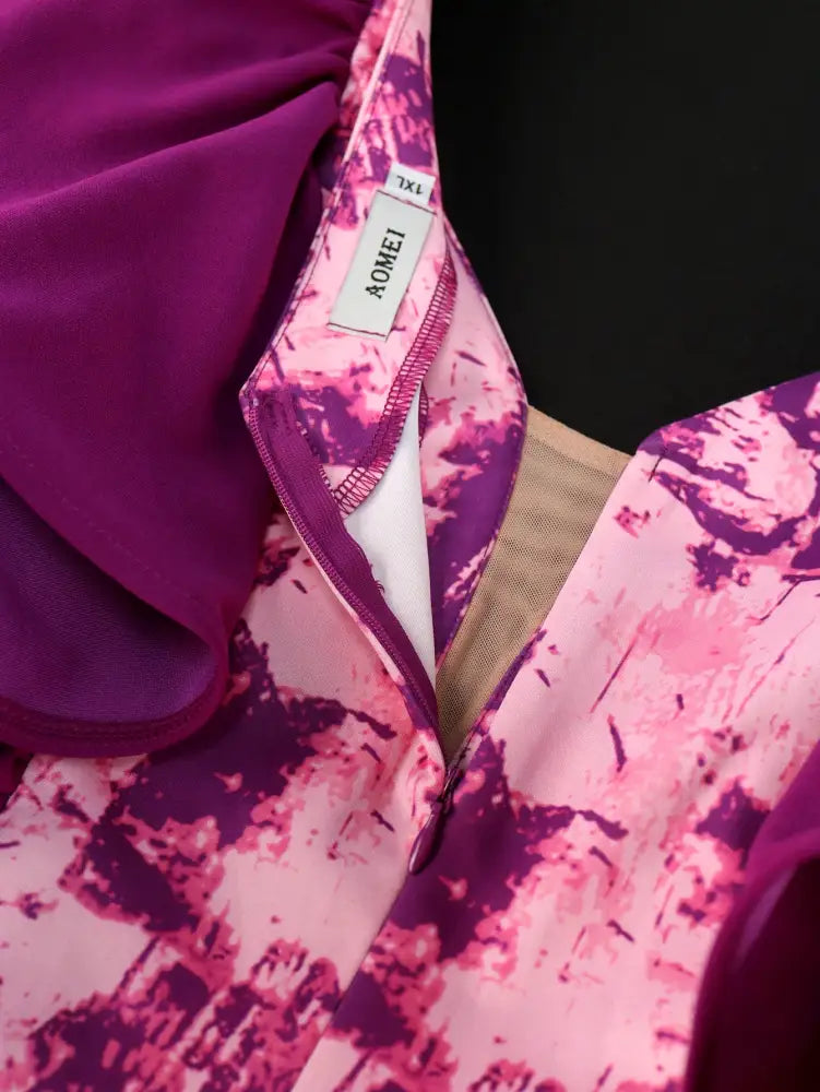 Purple Dress V Neck Printed Mesh Patchwork Ruffles Sleeve