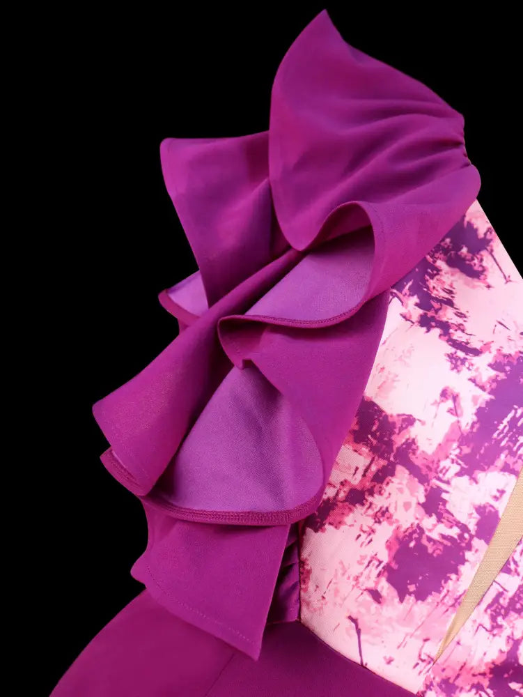 Purple Dress V Neck Printed Mesh Patchwork Ruffles Sleeve