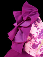 Purple Dress V Neck Printed Mesh Patchwork Ruffles Sleeve