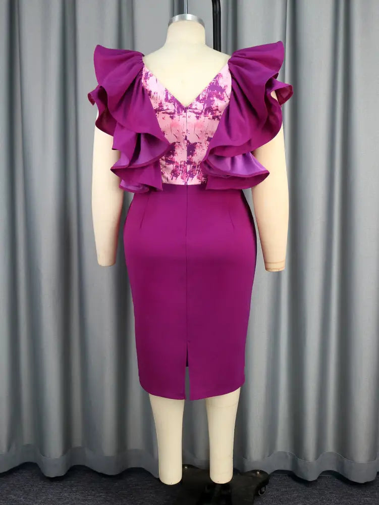 Purple Dress V Neck Printed Mesh Patchwork Ruffles Sleeve