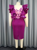 Purple Dress V Neck Printed Mesh Patchwork Ruffles Sleeve