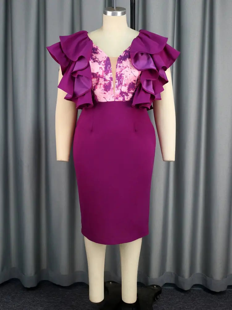 Purple Dress V Neck Printed Mesh Patchwork Ruffles Sleeve