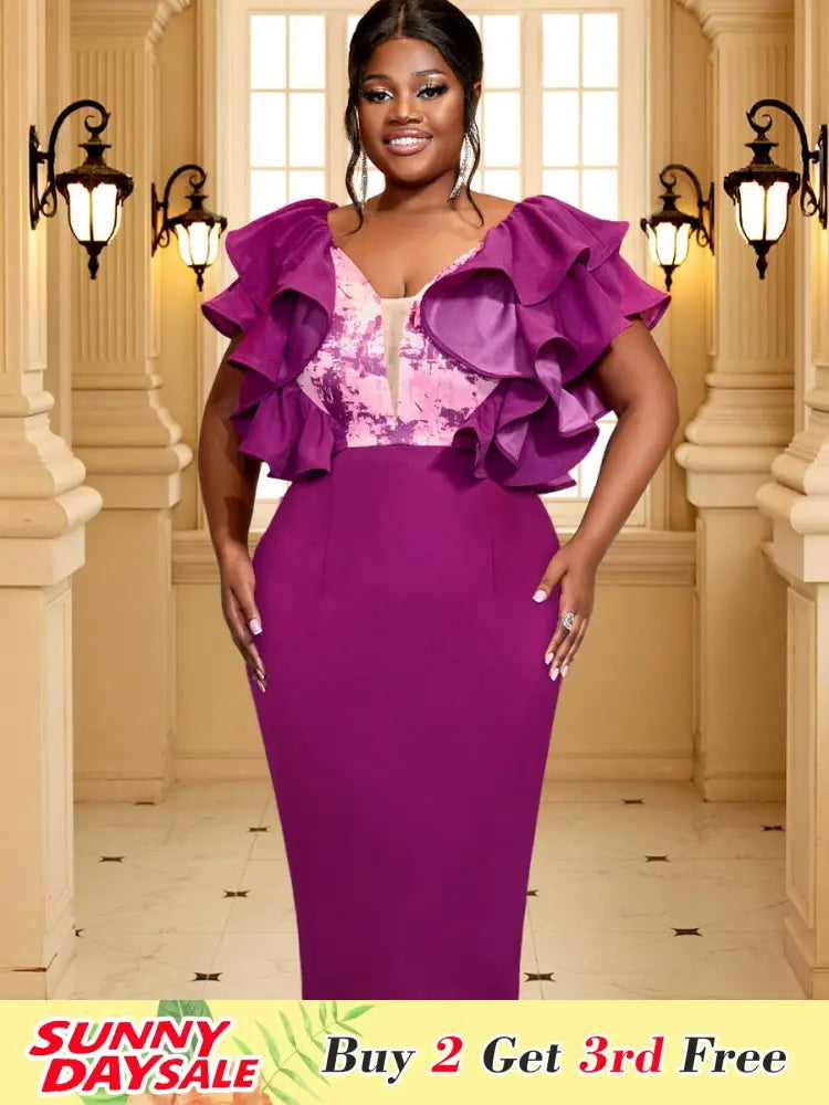 Purple Dress V Neck Printed Mesh Patchwork Ruffles Sleeve