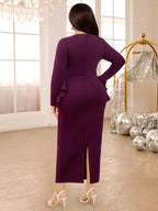 Purple maxi Dress Asymmetrical Neck Long Sleeve Peplum