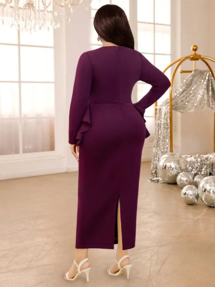 Purple maxi Dress Asymmetrical Neck Long Sleeve Peplum