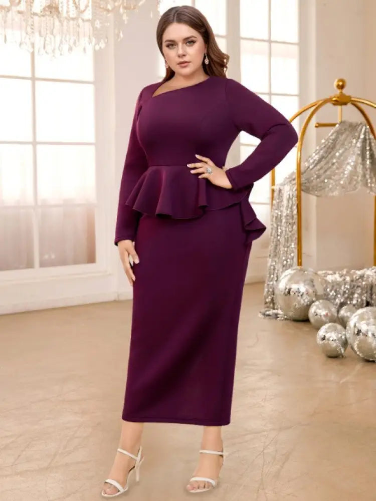 Purple maxi Dress Asymmetrical Neck Long Sleeve Peplum