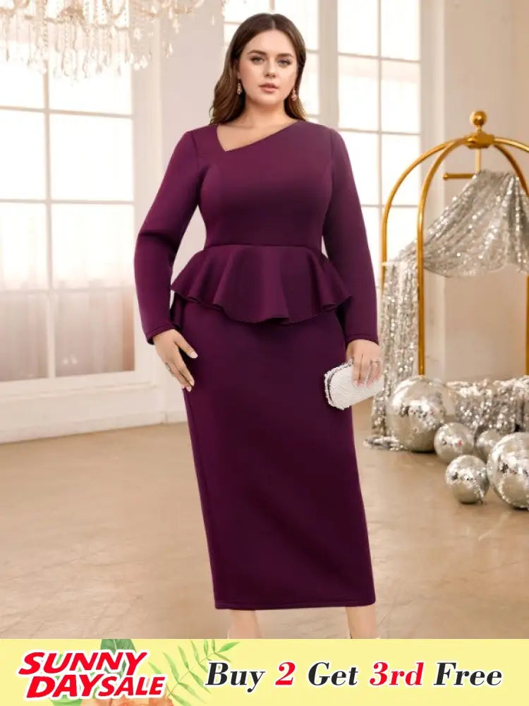 Purple maxi Dress Asymmetrical Neck Long Sleeve Peplum