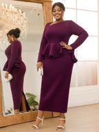 Purple Pencil Dress Asymmetrical Neck Long Sleeves Ruffles