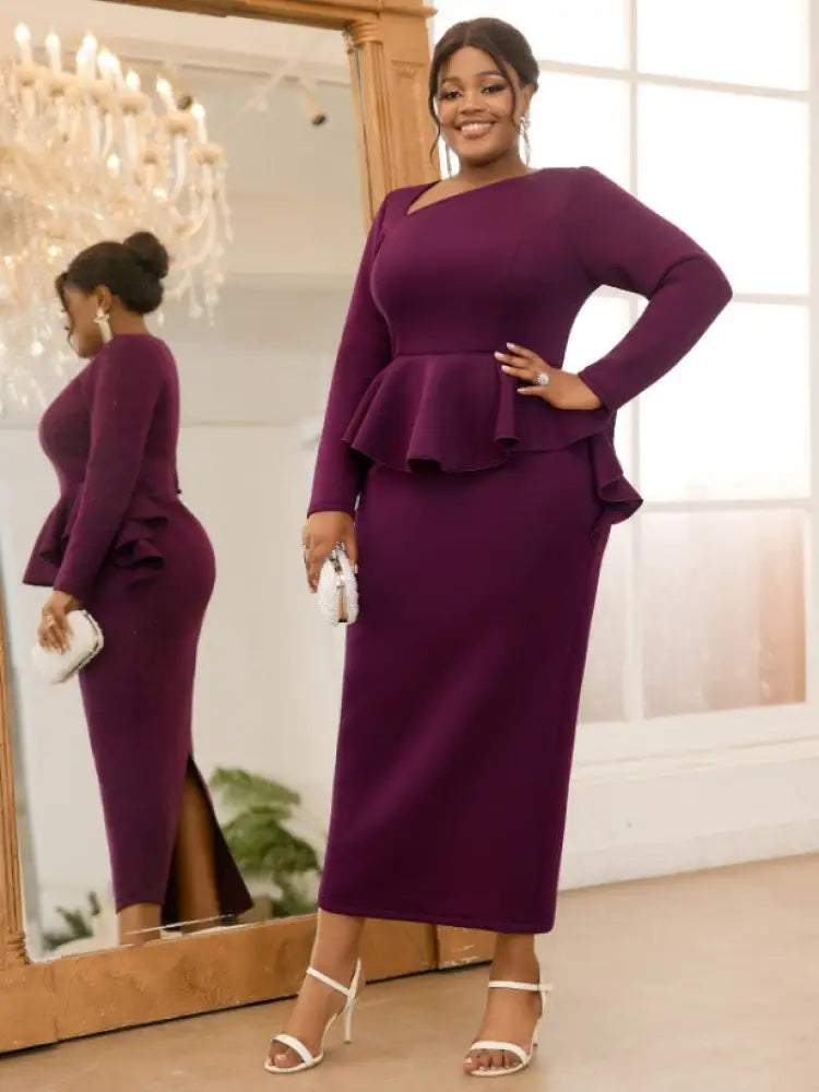 Purple Pencil Dress Asymmetrical Neck Long Sleeves Ruffles