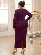 Purple Pencil Dress Asymmetrical Neck Long Sleeves Ruffles