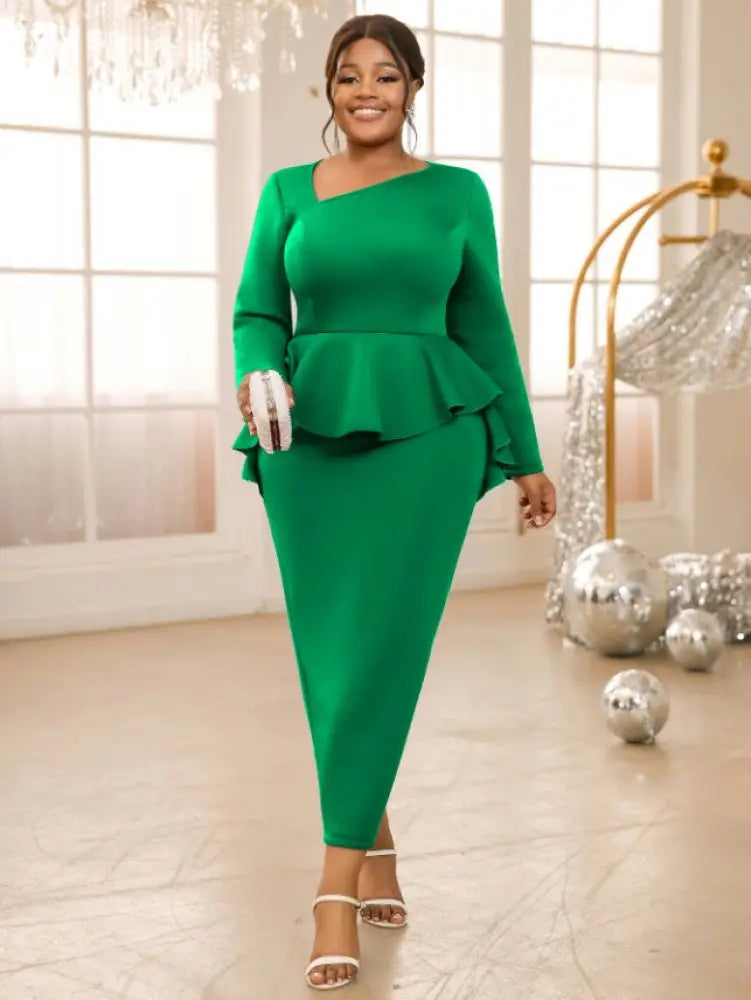 Purple Pencil Dress Asymmetrical Neck Long Sleeves Ruffles