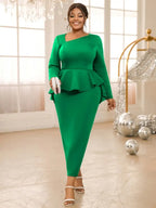 Purple Pencil Dress Asymmetrical Neck Long Sleeves Ruffles
