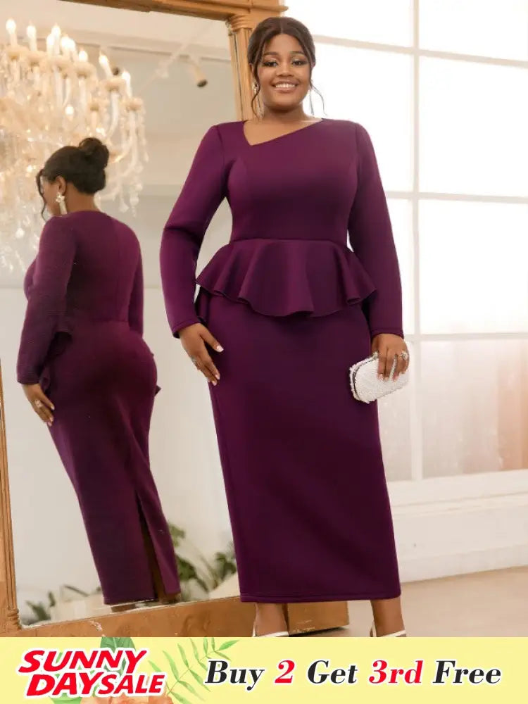 Purple Pencil Dress Asymmetrical Neck Long Sleeves Ruffles