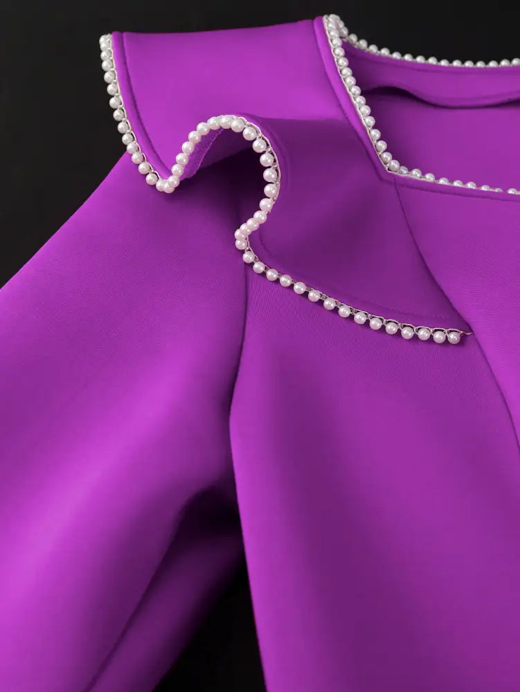 Purple Wedding Guest Dress Long Sleeve Pearl Chain