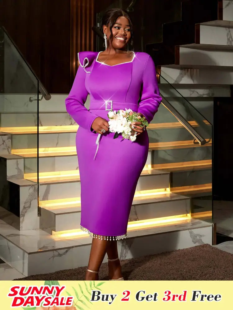 Purple Wedding Guest Dress Long Sleeve Pearl Chain