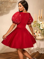Red Birthday Dress Short Sleeve A Line Pleated Mini Dress