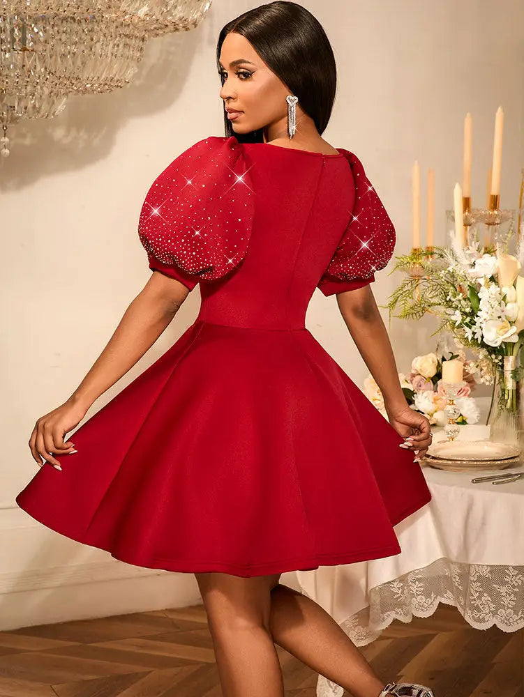 Red Birthday Dress Short Sleeve A Line Pleated Mini Dress