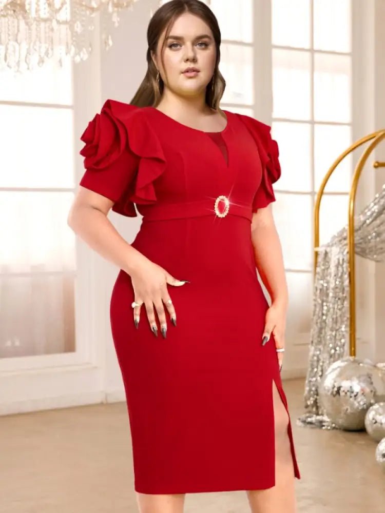 Red Fashion Dress O Neck 3D Flower Short Sleeves with Belt