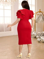 Red Fashion Dress O Neck 3D Flower Short Sleeves with Belt