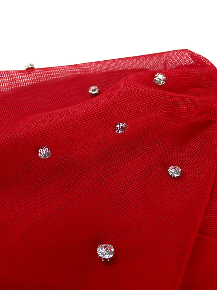 Red Mesh Dress Party Prom Turtleneck Lantern Sleeve A Line