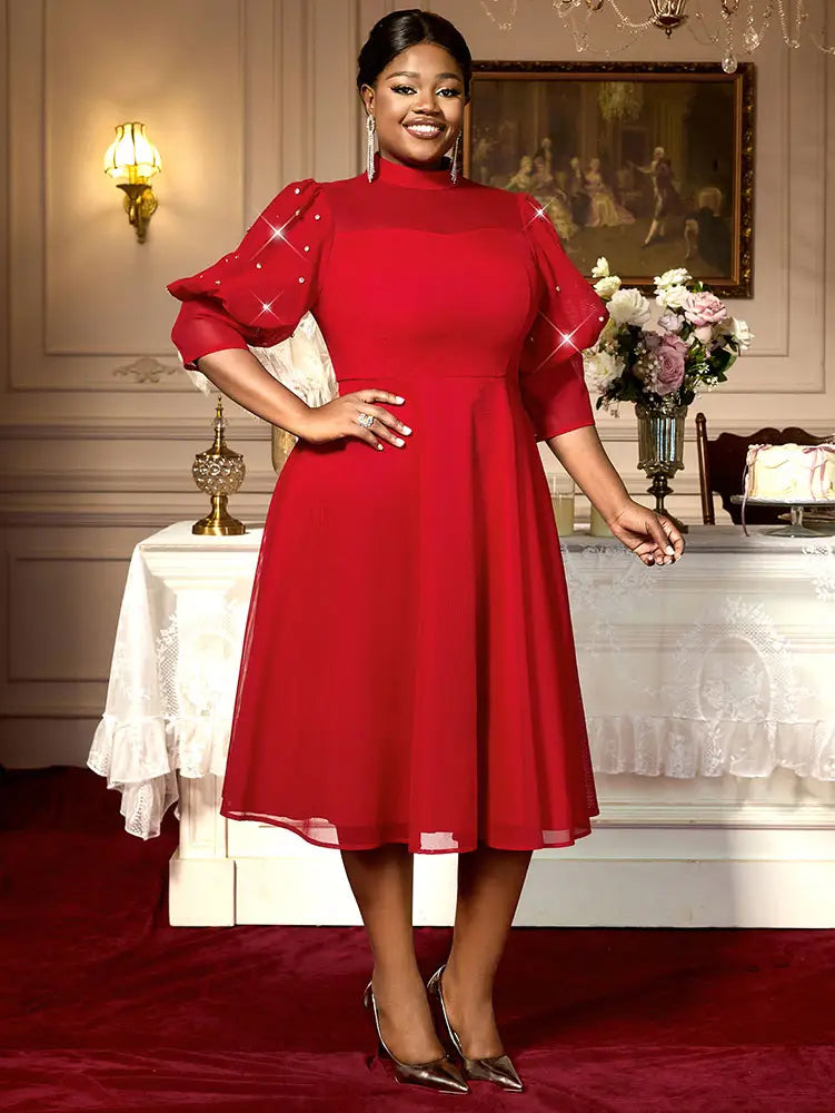 Red Mesh Dress Party Prom Turtleneck Lantern Sleeve A Line