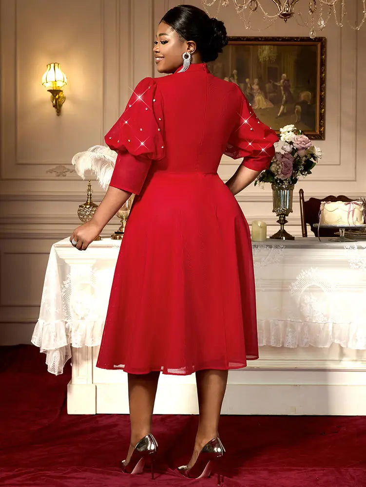Red Mesh Dress Party Prom Turtleneck Lantern Sleeve A Line