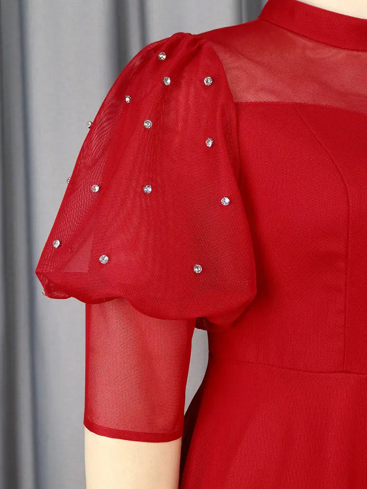 Red Mesh Dress Party Prom Turtleneck Lantern Sleeve A Line